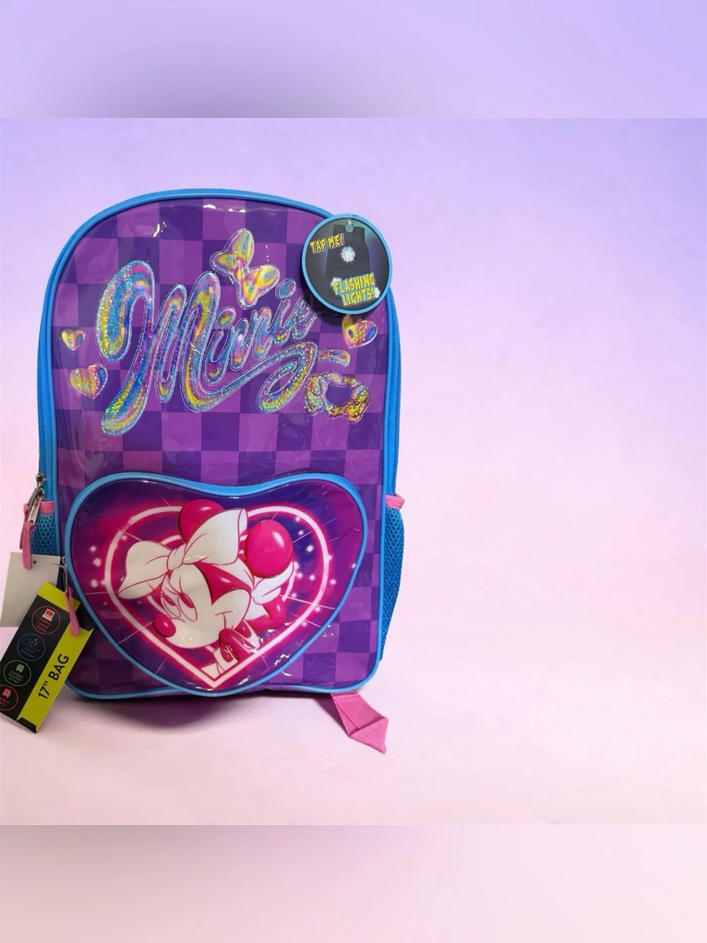 Minnie Purple Kids Backpack with Light-Up Heart Pocket